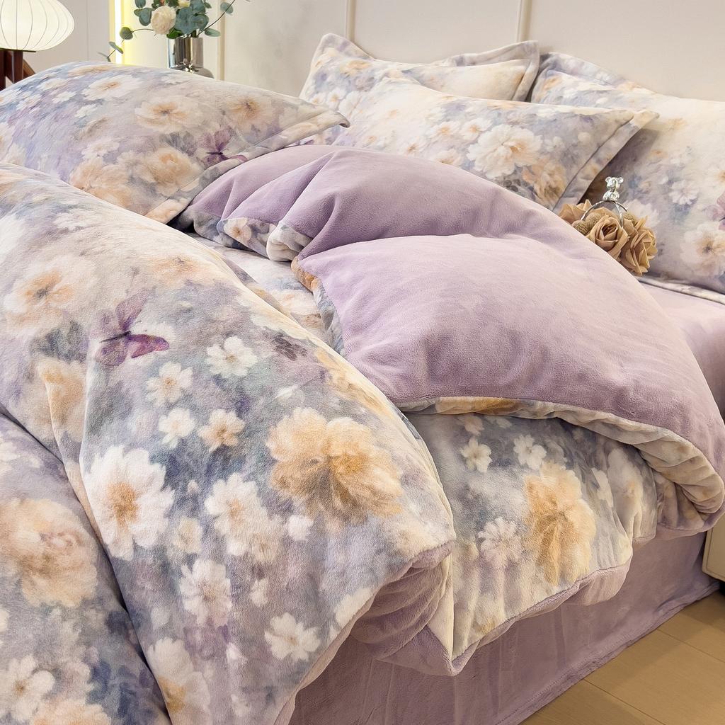 Thickened Milk Fleece Bed Four-Piece Set Double-Sided Fleece Quilt Cover Bed Sheet Coral Flannel Bedding