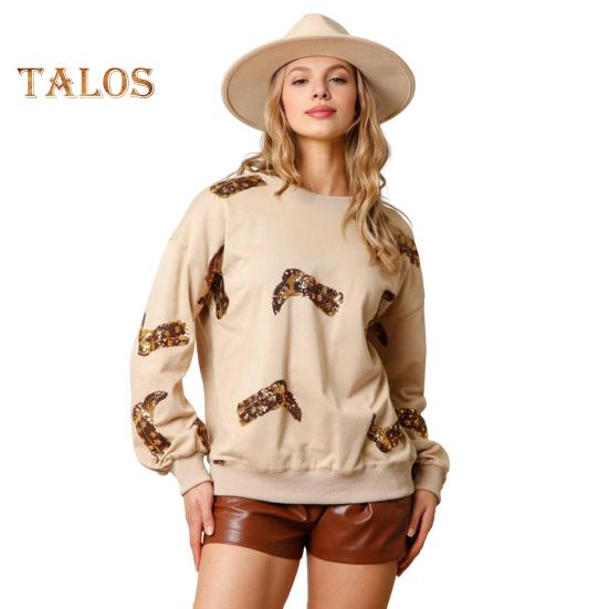 

Женский топ с пайетками, узором из сапог с длинными рукавами, эластичными манжетами, свободным круглым вырезом, толстовка средней длины, повседневная одежда на День святого Валентина M хаки