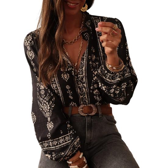 Women Shirt Ruffle Trim Neckline Long Sleeve Imitation Pearl Buttons Shirt Tops Spring Summer Tops Casual S чёрный