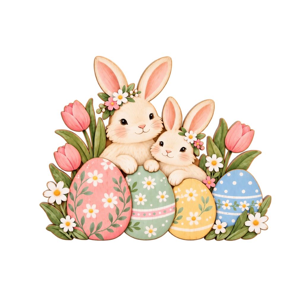 2D EasterRabbit Easter Egg Wooden Ornament Spring Flower Theme Ornament