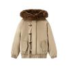 Korean Style Women Hooded Short Coat Horn Buttons Big Fur Collar Winter Warm Thickened Workwear Jacket