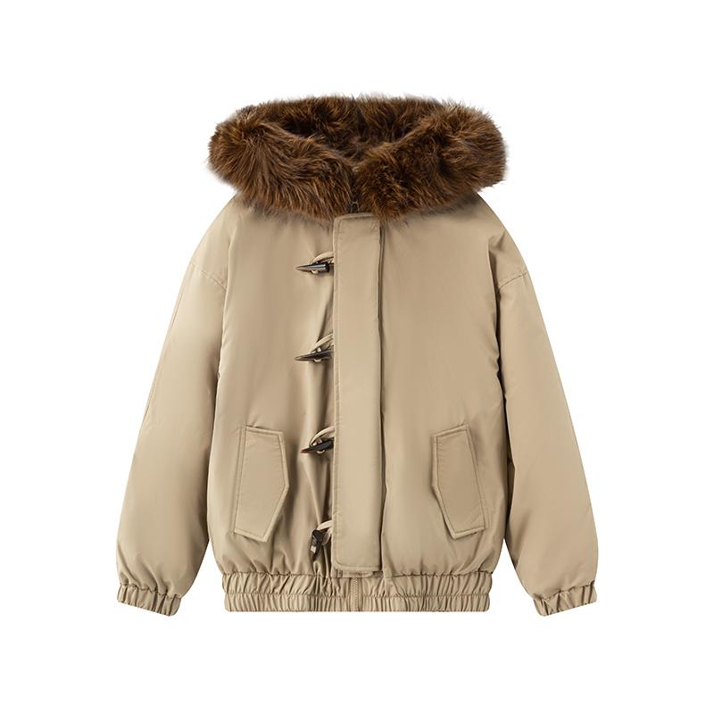 Korean Style Women Hooded Short Coat Horn Buttons Big Fur Collar Winter Warm Thickened Workwear Jacket