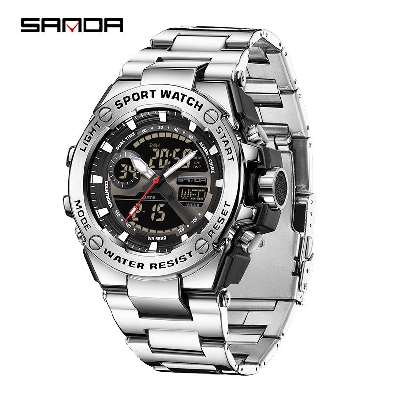 Sanda Dual-Display Leuchtende Wasserdichte Schüleruhr mit 3 Zeitzonen.