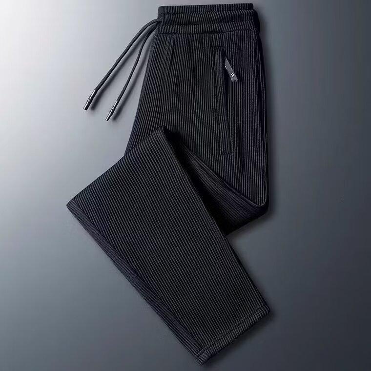 Ice Silk Pants Men's Summer Thin Quick-drying Striped Pleated Sweatpants Large Size Drape Tied Casual Nine-point Pants
