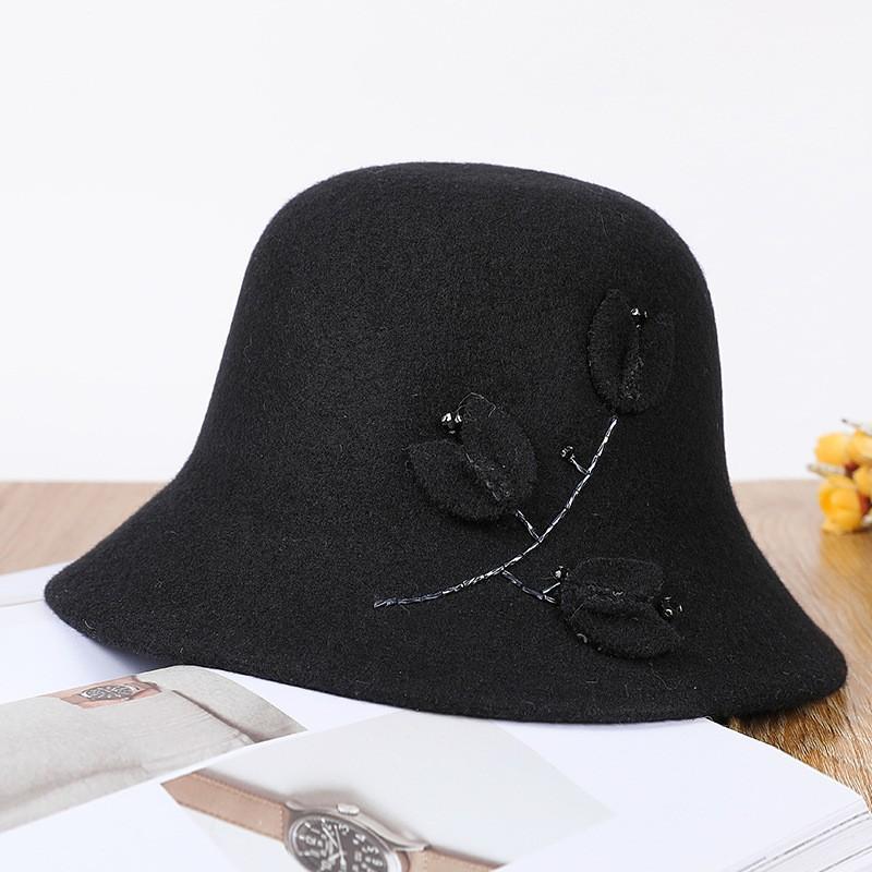 Hat Women's Autumn and Winter Versatile Middle and Old Hat Wool Elegant Flower Pot Hat Retro Curled Top Hat