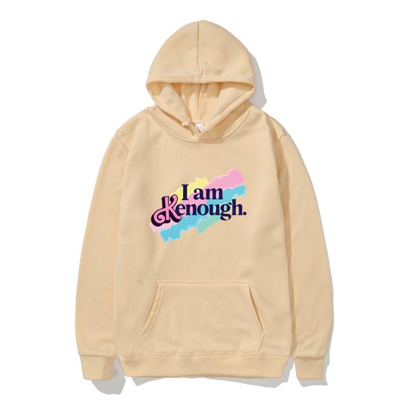 Unisex 'I Am Kenough' Rainbow Print Loose Hooded Sweatshirt - Black