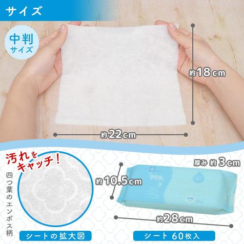 LEC 99.9% Pure Water Flushable Wet Wipes for Adults, Medium Size, 60 Wipes, Made In Japan, Mild Acidity, Unscented