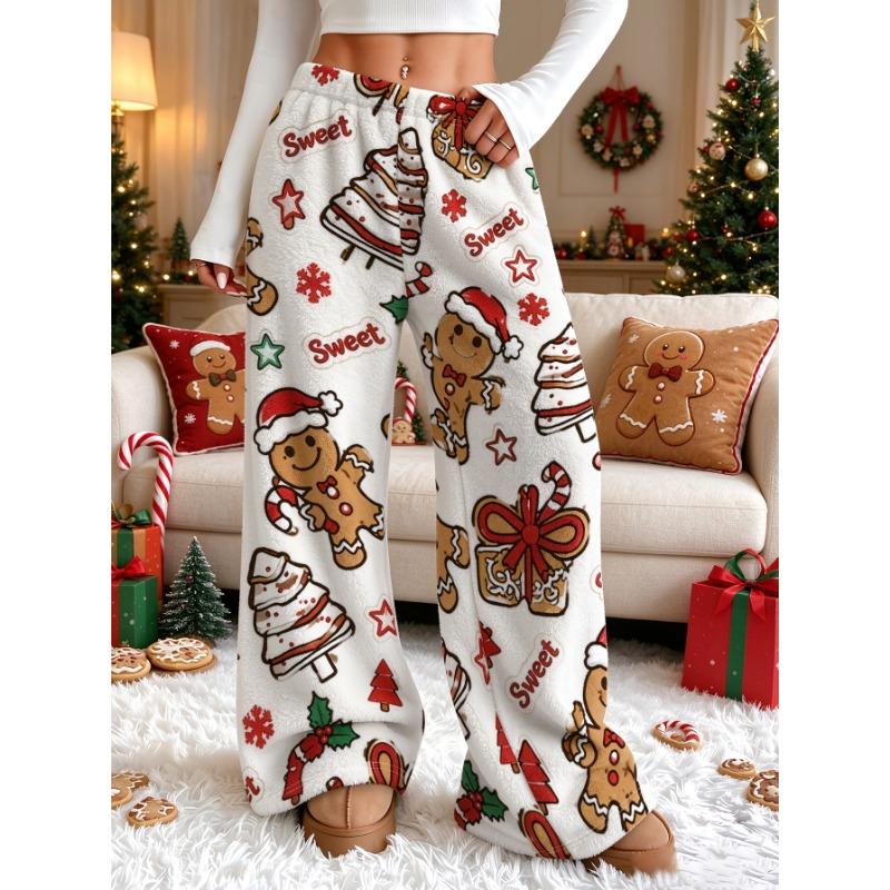 Christmas style women's casual home wear autumn and winter women's plush pajamas white gingerbread man Christmas tree candy print wide leg pants