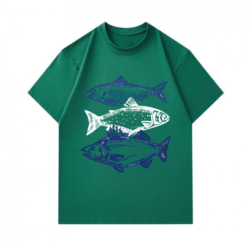 Men's 100% Cotton Crew Neck Short Sleeve T-Shirt, Vintage Three Fish Graphic Print Casual Lightweight Summer Tee for Daily Wear
