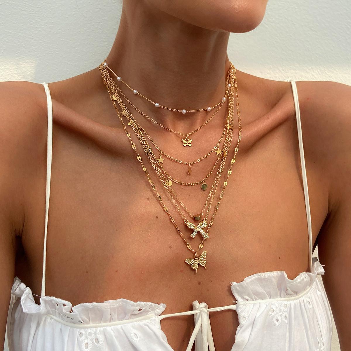 

Модный кулон с кисточкой в виде бабочки, цепочка на воротниковую кость, набор из нескольких слоев сплава, ожерелье, универсальное женское ожерелье для поездок на работу