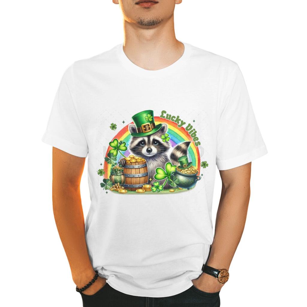 St Patricks Day Raccoon Shirt Lucky Vibes Short Sleeve Round Neck Tee Cartoon Lucky Raccoon St Patricks Day Unisex TShirt