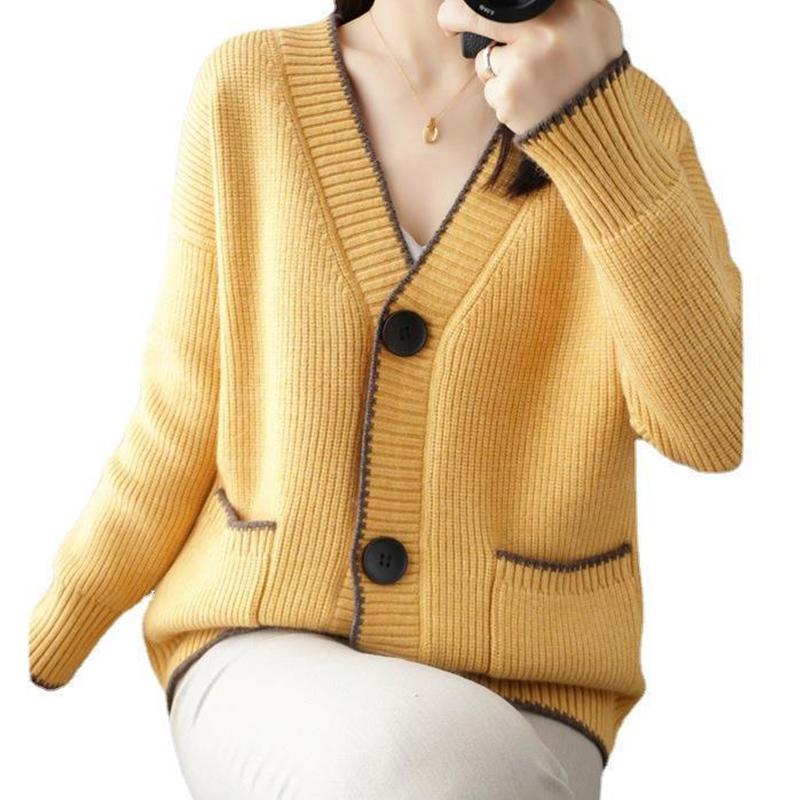 Autumn Winter Sweater Cardigan New V-neck Women's Long-sleeved Knitted Cardigan Fashion with Pockets Single-breasted Color Blocking Paragraph Cardigan
