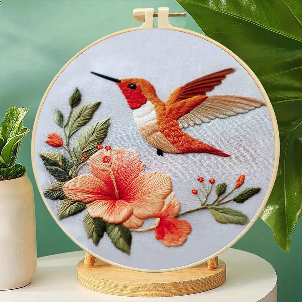DIY Hummingbird Embroidery Set for Craft Lover Hand Stitch Printed Cross Stitch Set with Embroidery Hoop and Instructions