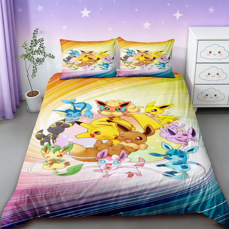 

Bedding Set Cartoon Pokemonzd Anime Children Bedroom Quilt Cover Boy Girl Bedclothes Single Double King Pikachu Duvet Gift 135x200cm