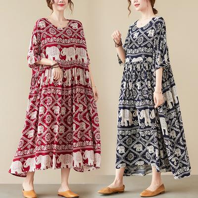 Real Shot Summer New Literary Large Size Loose Cotton Silk Printed Short-sleeved Dress Women's Long Dress