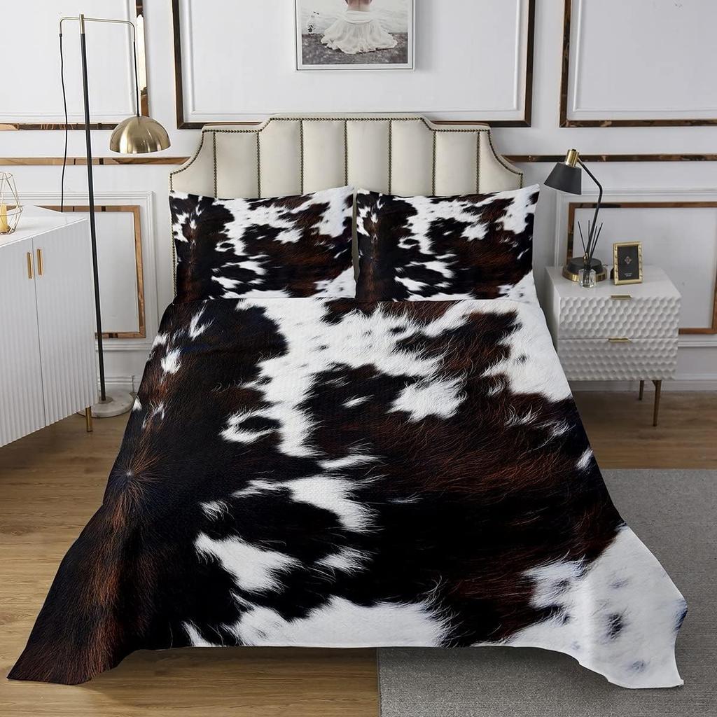 Cowhide Coverlet Set Farm Animal Fur Bedspread Queen/Full for Boy Girl Bedroom 2/3 Pcs Western Rustic Cowboy Farmhouse Quilt Set