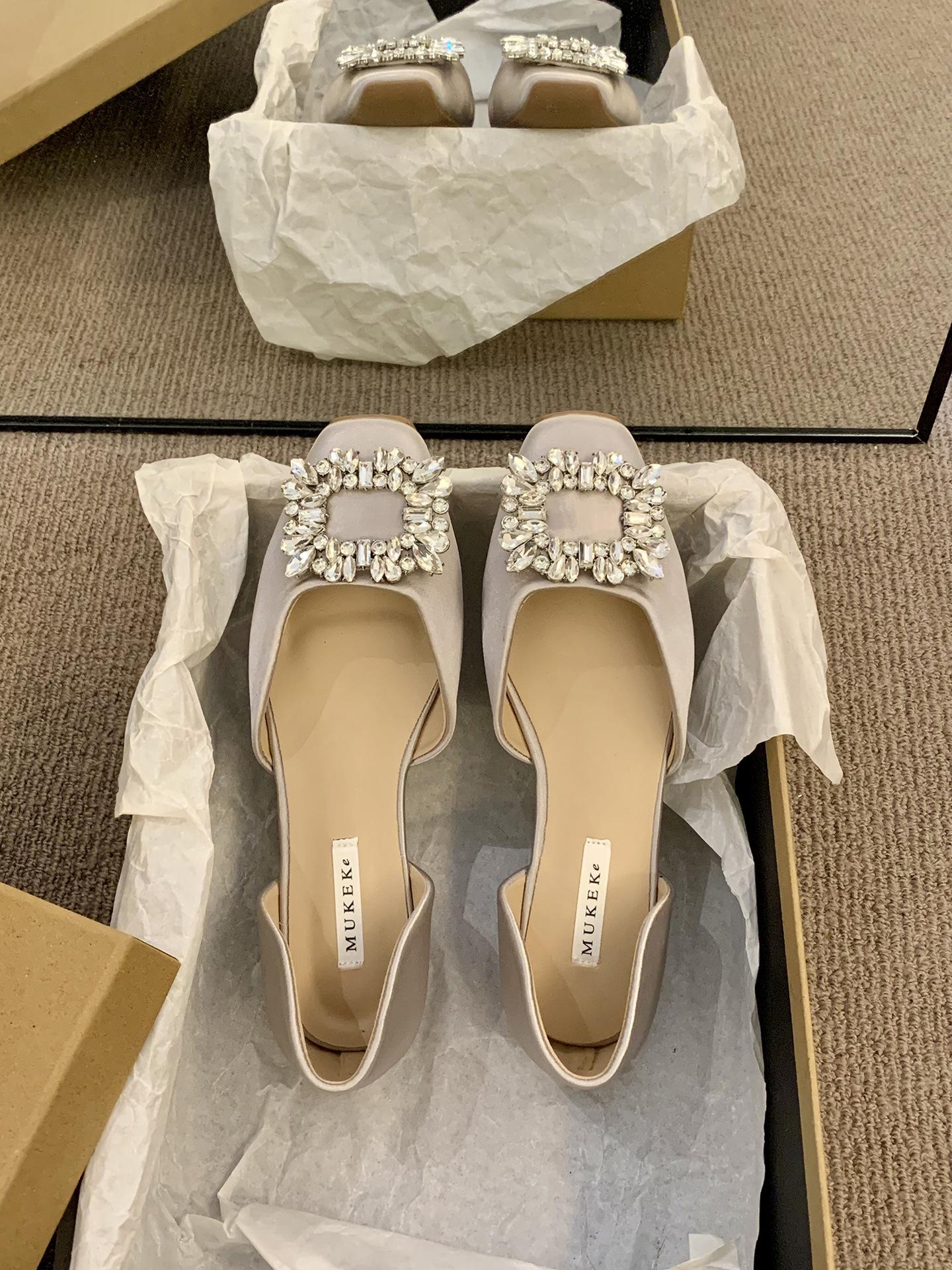 

MUKEKe French temperament hollow single shoes women s shoes 2025 new flat-bottomed versatile black square buckle rhinestone commuter shoes 39