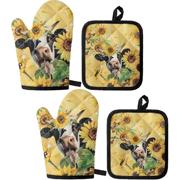 UNICEU Sunflower Cow Print Oven Mitts and Pot Holders Set of 4 Heat Resistant Kitchen Oven Mitts Gloves and Potholders for Baking Cooking Grilling