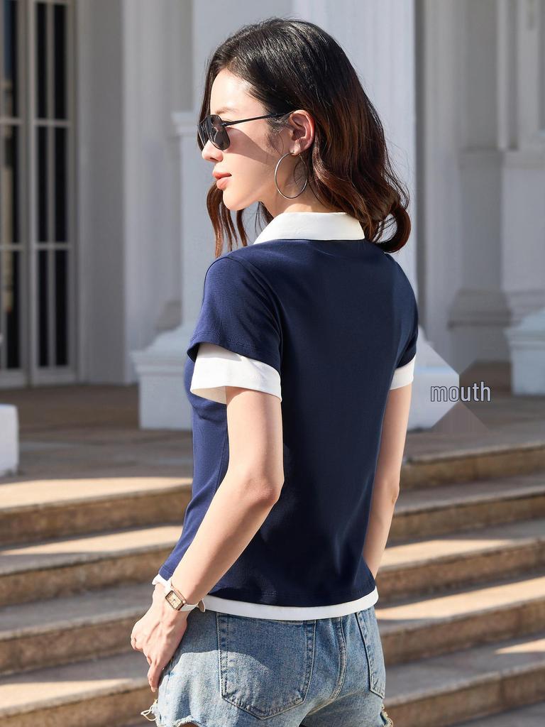 Spring/Summer 2026 Korean Style Women's Slim Fit Cotton T-shirt with Double Layer Sleeves