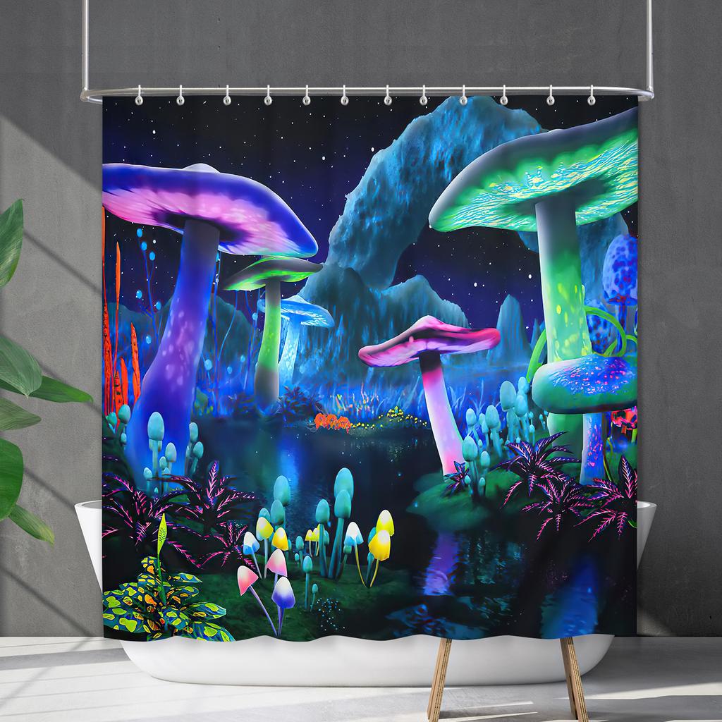 Bathroom Waterproof Curtain Digital Printing Plant Mushroom Shower Curtain Non-Punching Toilet Partition Curtain Shower Cloth