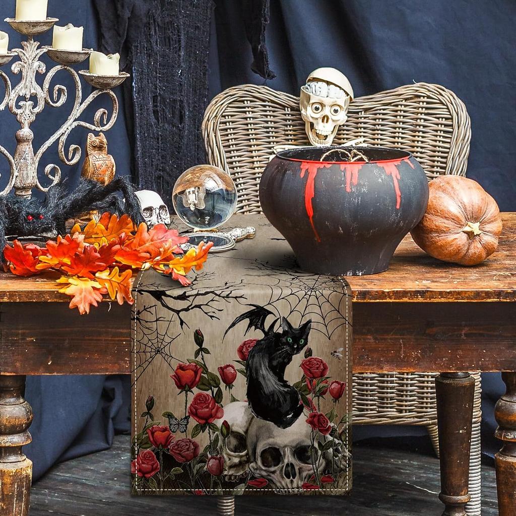 1pc Halloween Table Runner Black Cat Ghost Pumpkin Skull Design Durable Tablecloth for Halloween Dining Room Kitchen Decoration