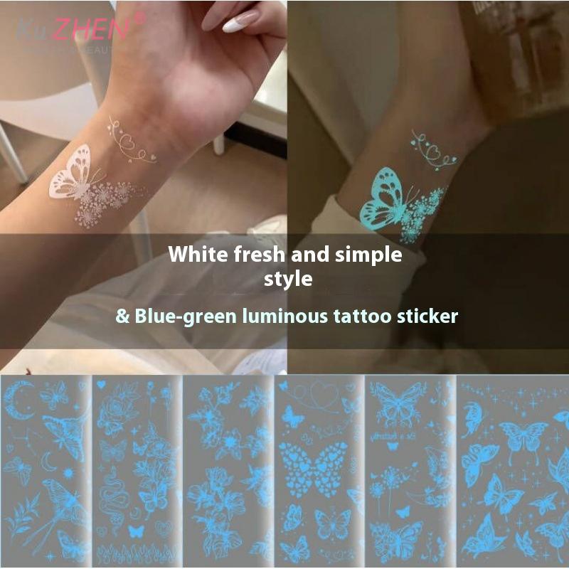 1/6Sheet Large Blue Luminous Butterfly Tattoo Stickers Women Glow In The Dark Waterproof Temporary Tattoo Music Festival Party