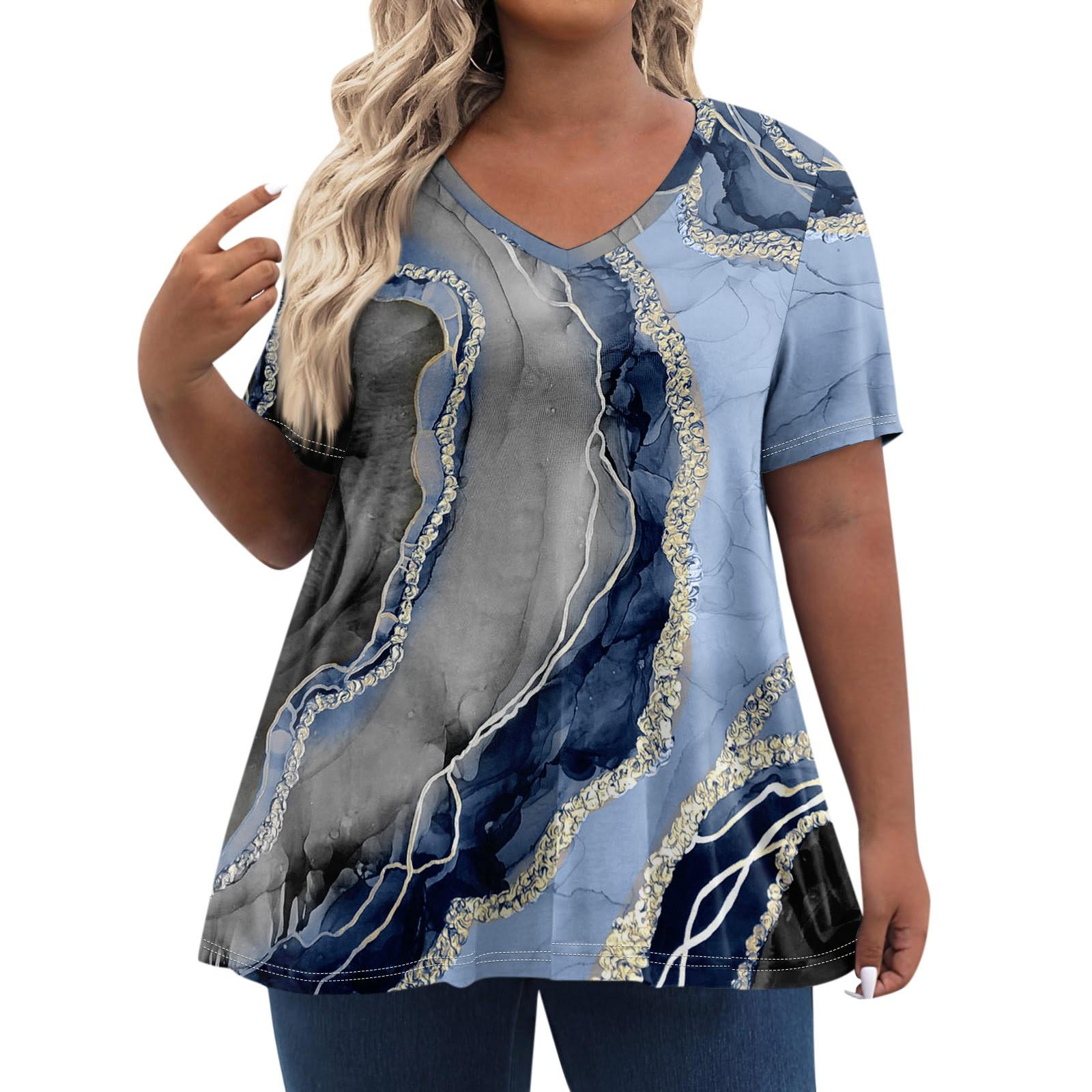

Жіночі топи великих розмірів Сорочки з короткими рукавами V-подібний виріз Повсякденний одяг Одяг Топи з принтами XXXL синій