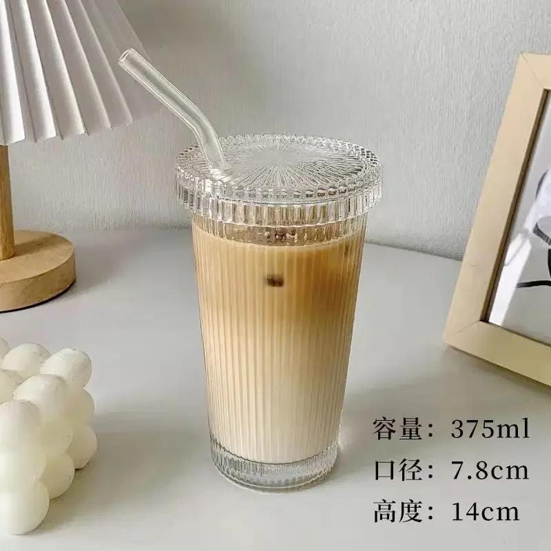 375Ml Stripe Glass Cup with Lid Straw Japanese Style Drinking Chic Mugs Milk Coffee Drinkware Tea Birthday Gifts Whiskey Glasses