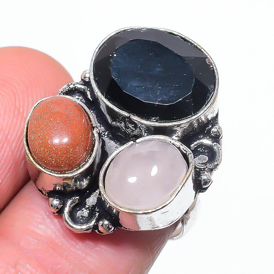 

Natural Black Spinel, Sunstone 925 Sterling Silver Jewelry Ring Size 7 h6b80