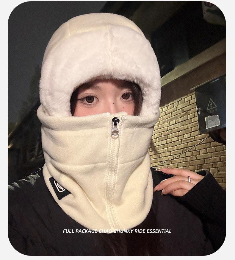 

Winter Warm Integrated Plush Hat Outdoor Cycling Fleece Zipper Design Adjustable Windproof Mask Cycling Protective Equipment бежевий