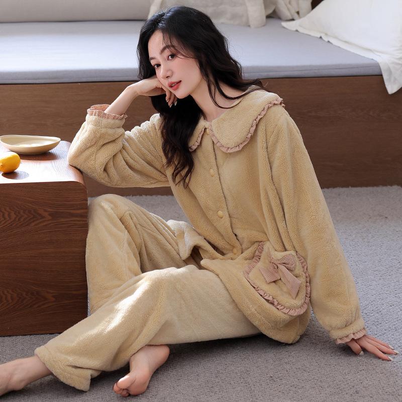 Coral Fleece Pajamas Women'S Autumn And Winter Fleece Thickened Flannel Furry Warm Loungewear Set