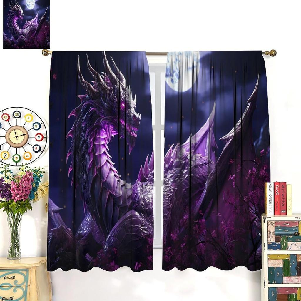 Dragon Curtains for Bedroom  Mystic Courage Fantasy Purple Night Sky Legend Epic Treasure Spitting Fire Dragon Window Drapes Prin
