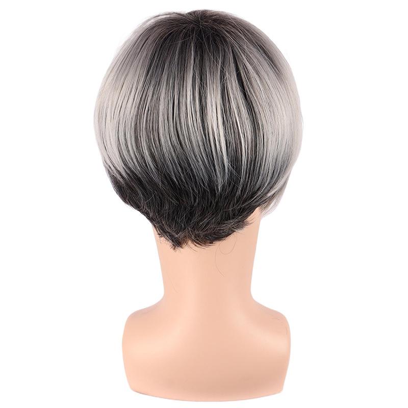 Synthetic Dark Root Ombre Grey Hair Wig for Men Cosplay Costume Anime Natural Ash Blonde Wigs Short Wave Old Man Wig with Bangs