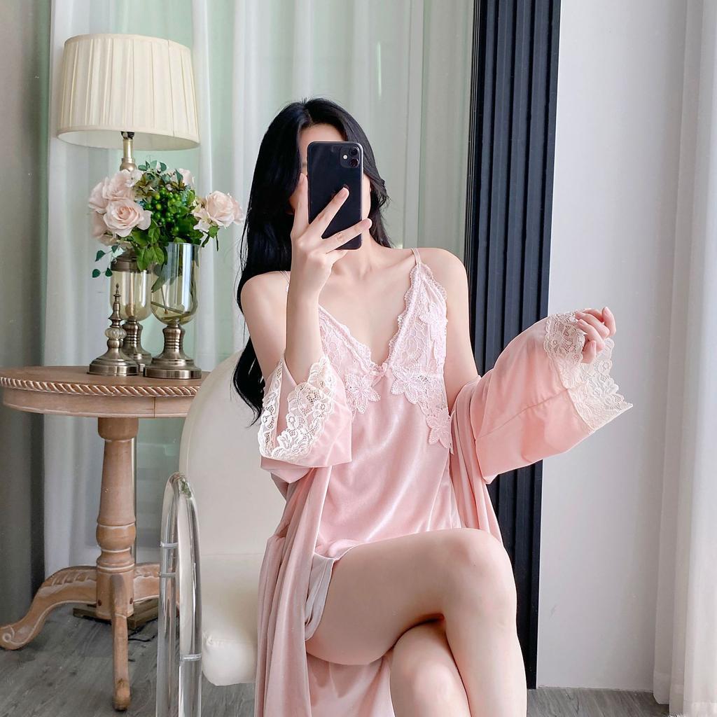 Yase [Gorgeous Flowers] New velvet nightdress women's exquisite lace heavy industry design hanging skirt with chest pad set