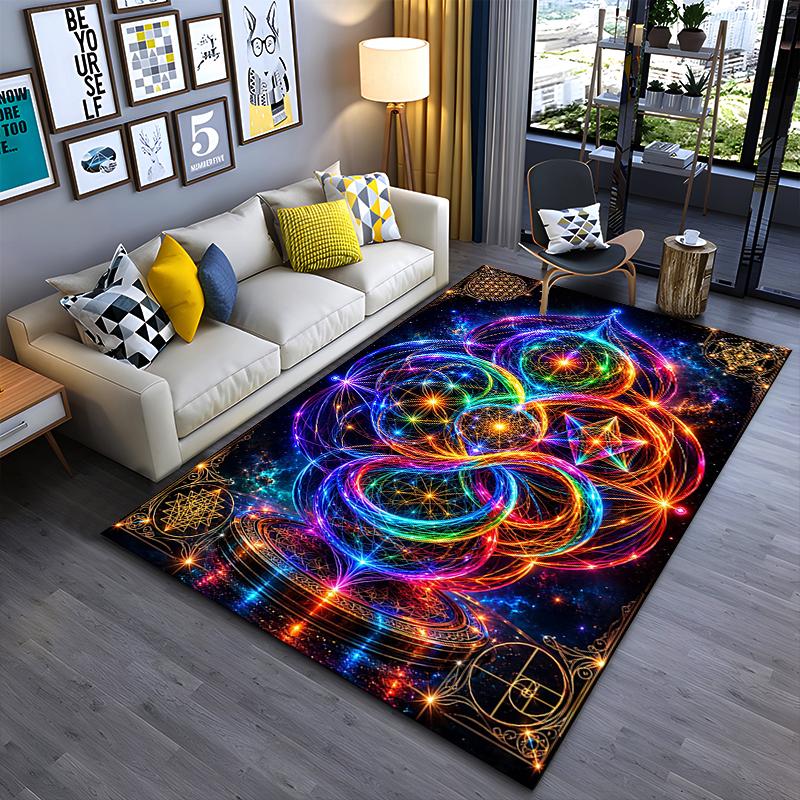 Area Rug, Sacred Geometry Rainbow Neon Flower of Life Nebula Print, Meditation Room Decor, Non-Slip Mat