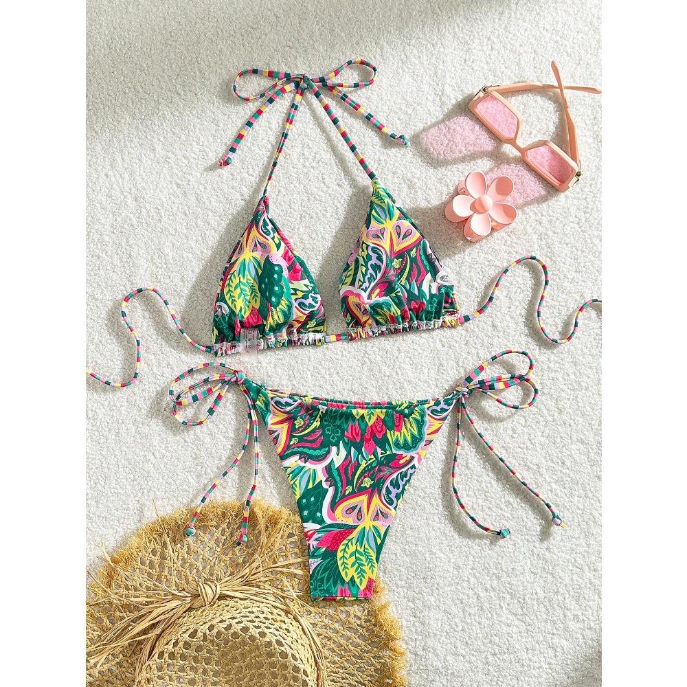 2026 New Bikini European and American Triangle Cup Print Lace-up Swimsuit Hot Girl Small Fresh Seaside Bikini Swimsuit