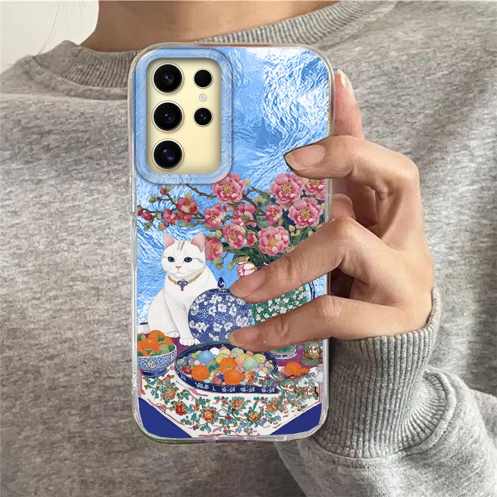 Retro Purple Cat Flower Women Girl Vortex Texture Phone Case for Samsung Galaxy S25 Edge S24 S23 S22 S21 S20 FE Plus Ultra Cover