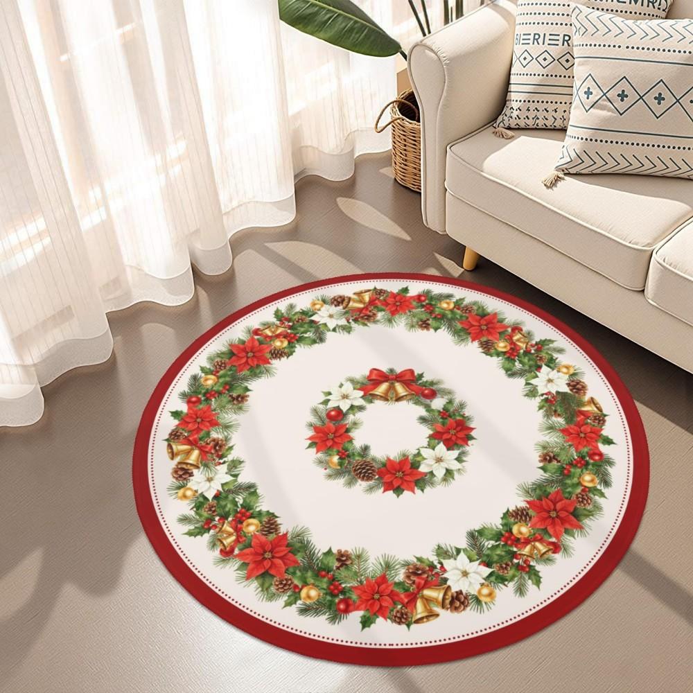 Merry Christmas Round Rug Vintage Red Christmas Tree Area Carpet Soft Washable Bedroom Bedside Floor Mat New Year Home Decor