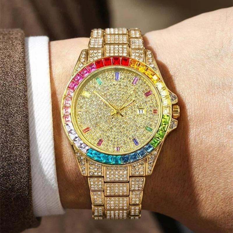 Luxury Gold Iced Out Men's Quartz Watch Rainbow Bezel Full Diamond Dial Hip Hop Bling Wristwatch for Men
