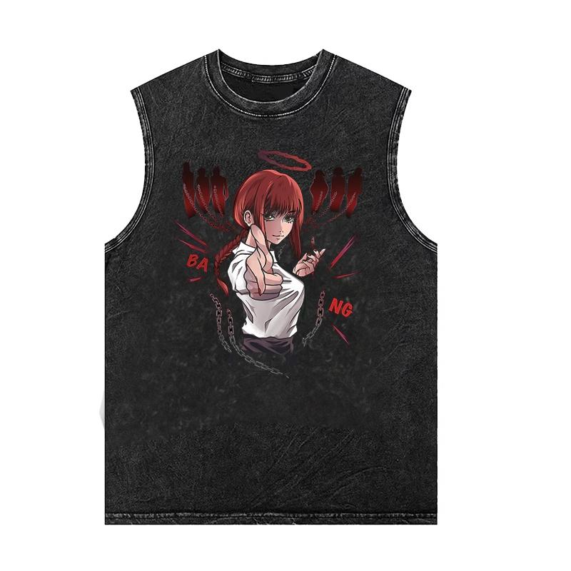 Chainsaw Man Anime Print Vintage Gewaschenes Kurzarm-Tanktop Gym T-Shirt Trendiges Unisex Ärmelloses Tanktop Männer Frauen
