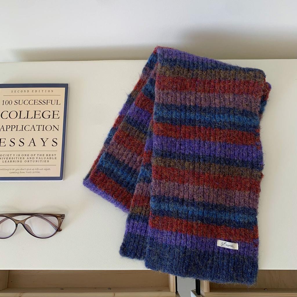 Retro Contrast Color Striped Scarf Wool Knitting Scarf For Women Autumn Winter Warm Cold-Proof Scarf Versatile Student Muffler