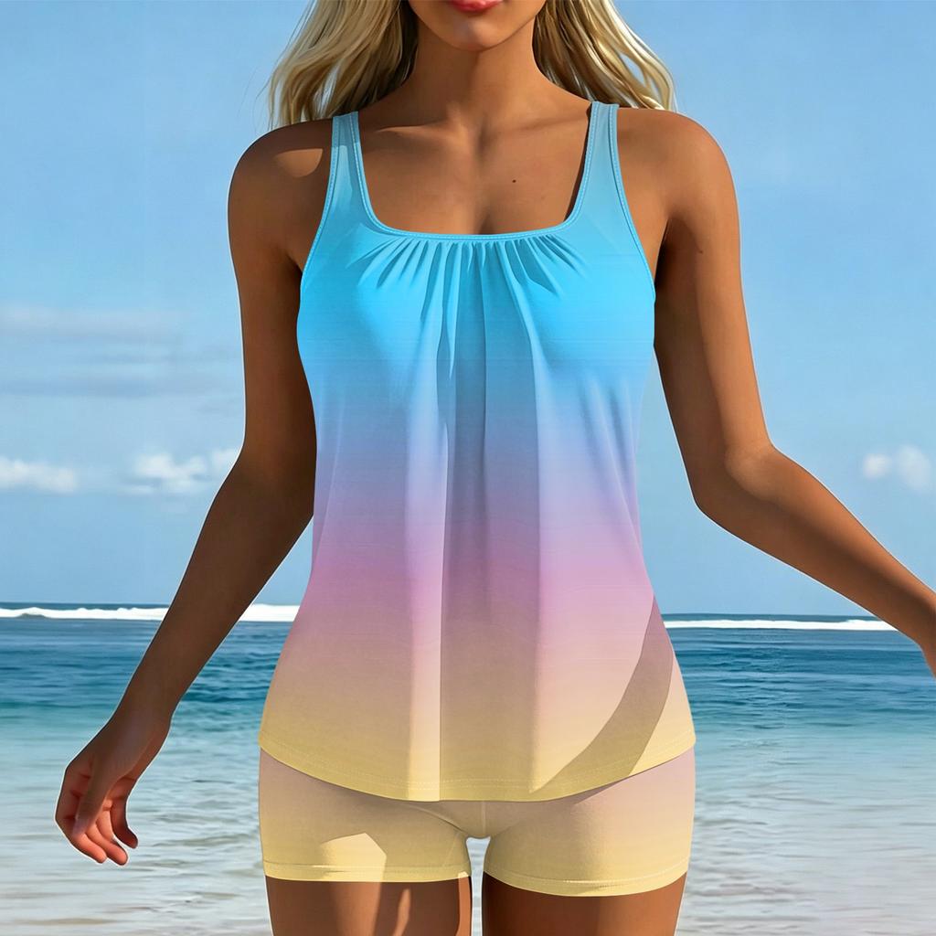 Women’s Gradient Tankini Set with Square Neck Top and Boyshorts Comfortable Swimwear for Pool Beach Vacation