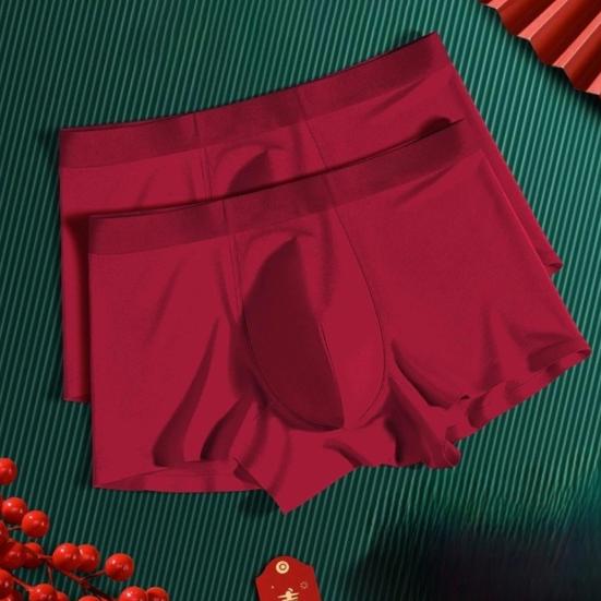 Men Boxer Underwear Mid-rise Elastic Waist Modal Fabric U-Convex Shorts Briefs Solid Color Red Luck Slim Fit Panties