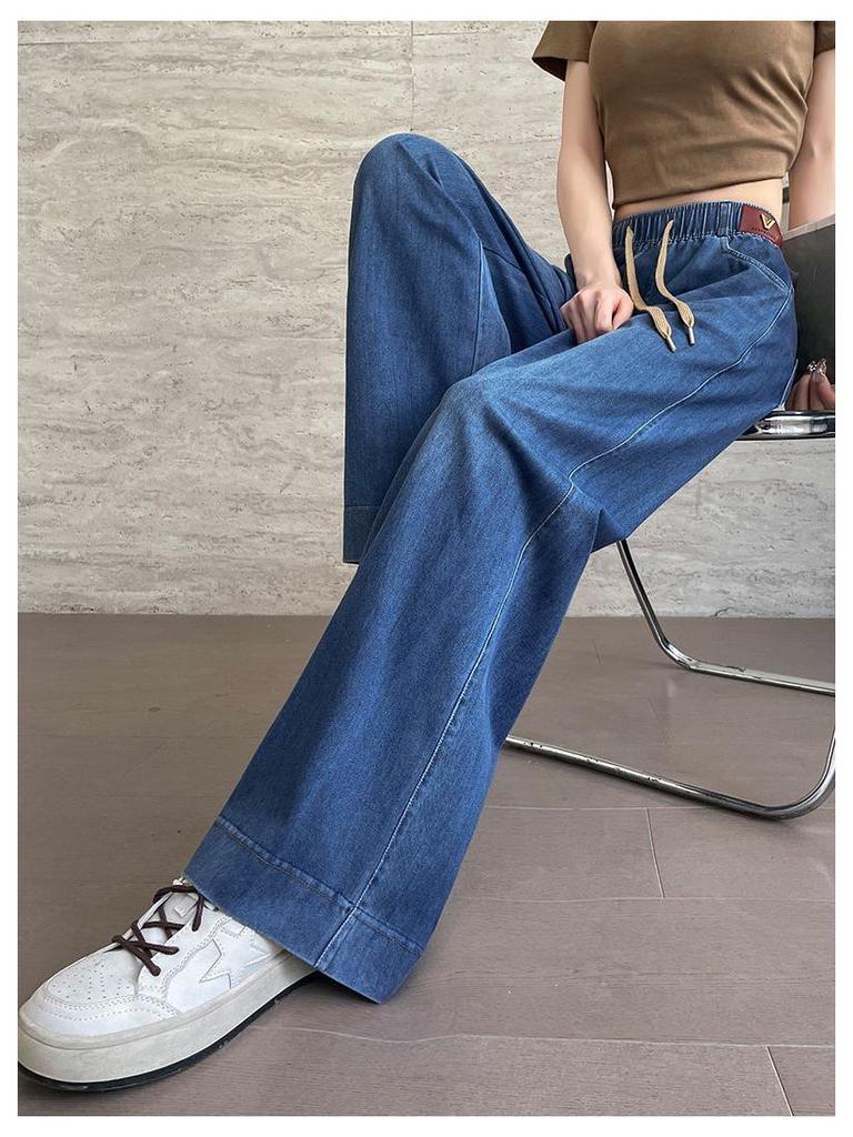 High Waist Plus Size Ice Silk Denim Pants for Women - Summer 2026 Loose Straight Leg, Slimming Fit