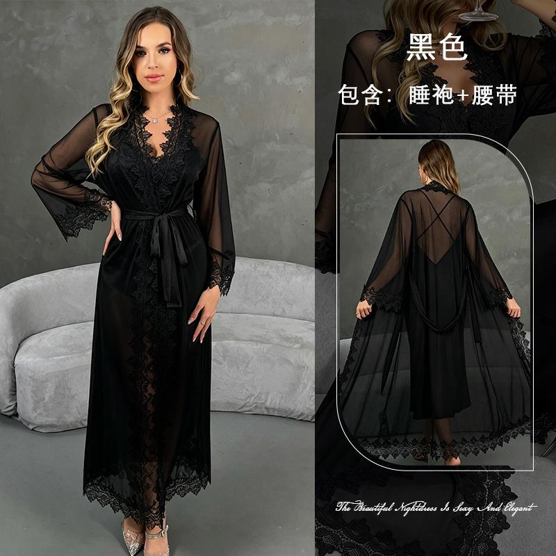 Export women s sexy lace robe set, mesh long dress with spaghetti straps, loungewear 846 S