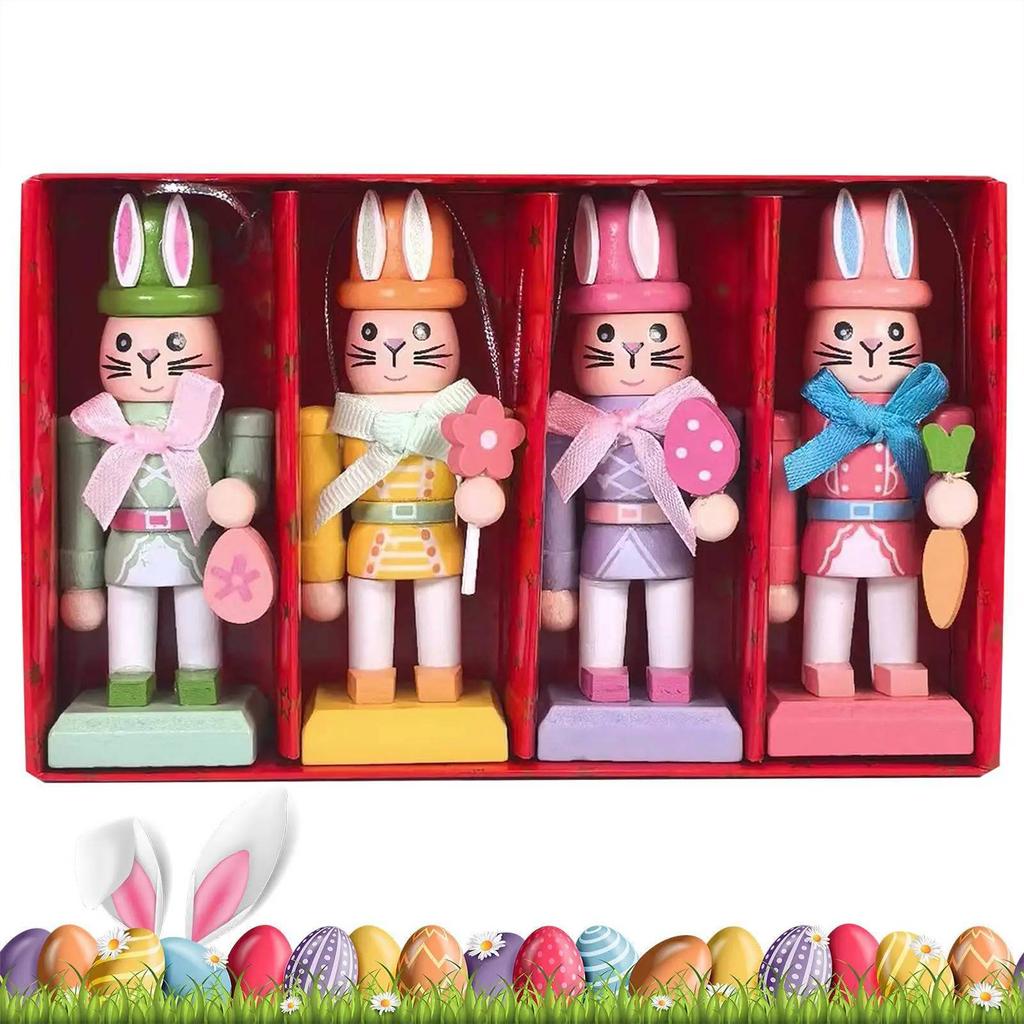 4Pcs Traditional Rabbit Wooden Nutcrackers 4 Inch Wooden Easter Nutcracker Figures for Spring Home Decor Collectible Gifts