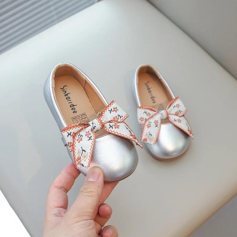 Girls Leather Shoes Soft PU Leather Kids Flats Slip-on Loafers with Ribbon Bow-knot Princess Sweet Simple Classic Size 21-34 New