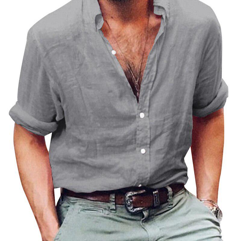 Male Slim Casual Solid Flax Dress Shirt 
