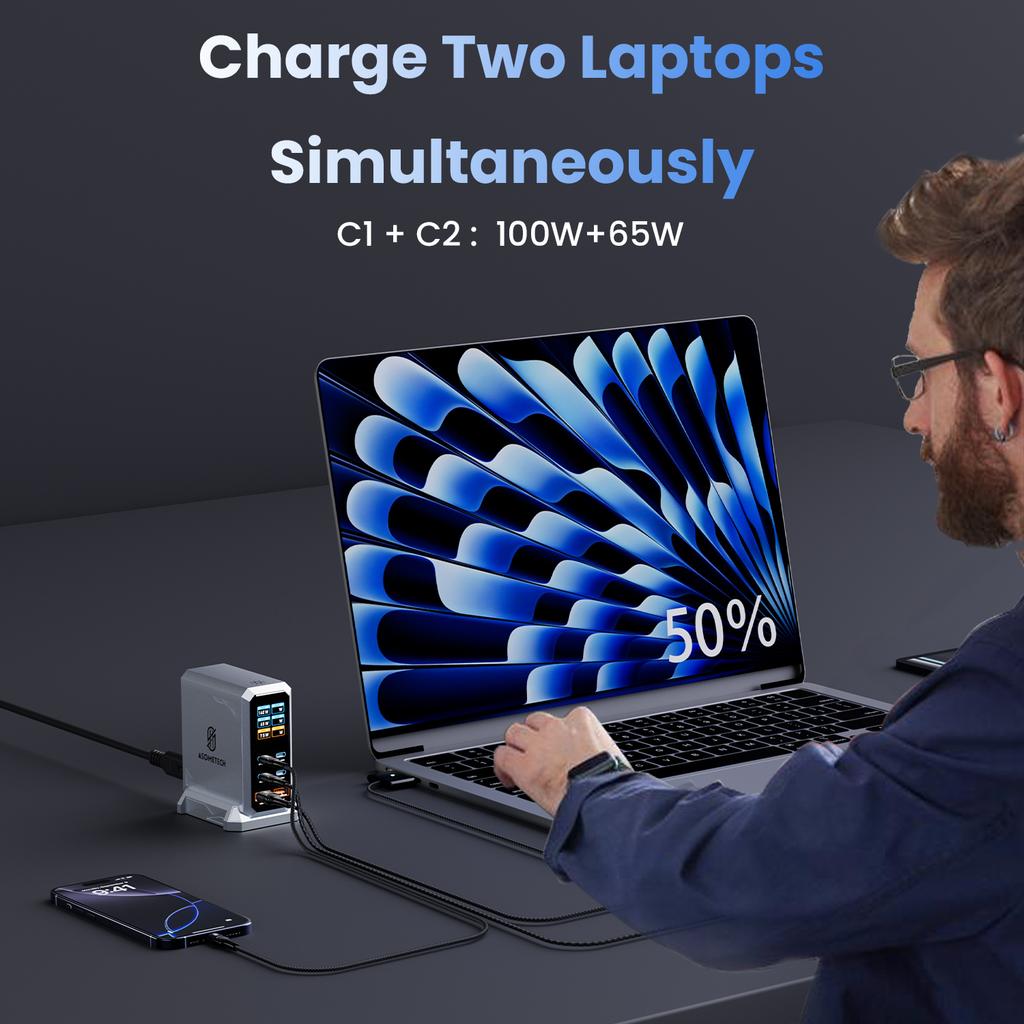 Stazione di Ricarica Rapida da Scrivania Digitale GaN da 240W con PD3.1 140W, 6 Porte USB Type C per IPhone Samsung Xiaomi MacBook Laptop