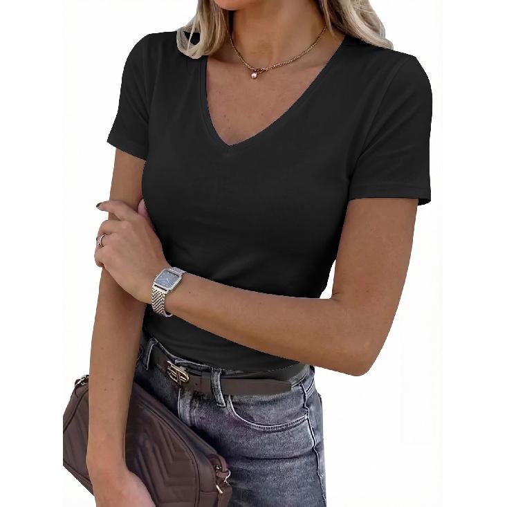 2026 New Women's Short-Sleeve Stretch V-Neck Slim Fit Casual Solid Color T-Shirt